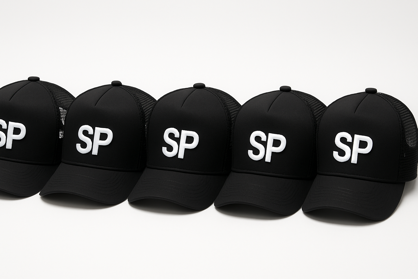 5 black foam mesh trucker with SP logo on all