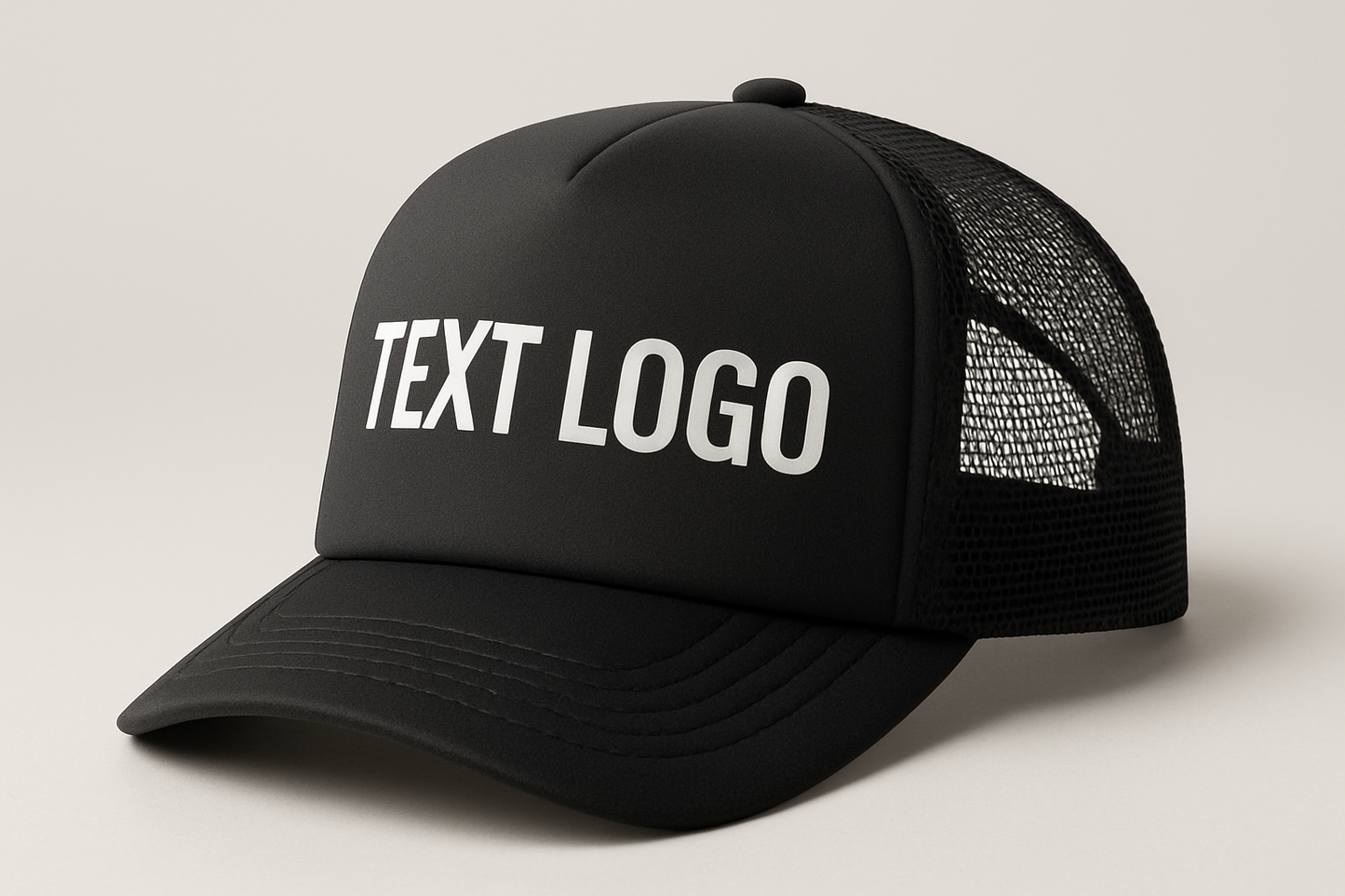 BLACK FOAM TRUCKER HAT WITH TEXT LOGO
