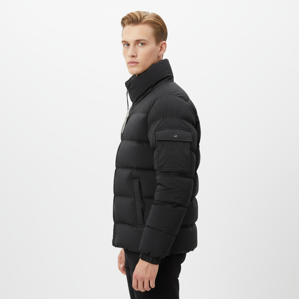 Men’s Black Puffer Jacket – High-Neck Insulated Design