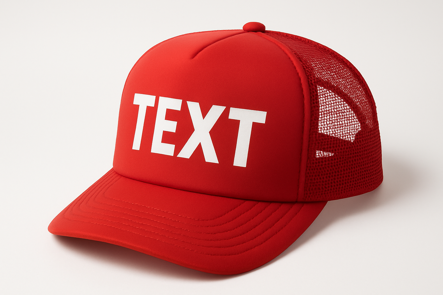 RED FOAM TRUCKER HAT WITH TEXT LOGO