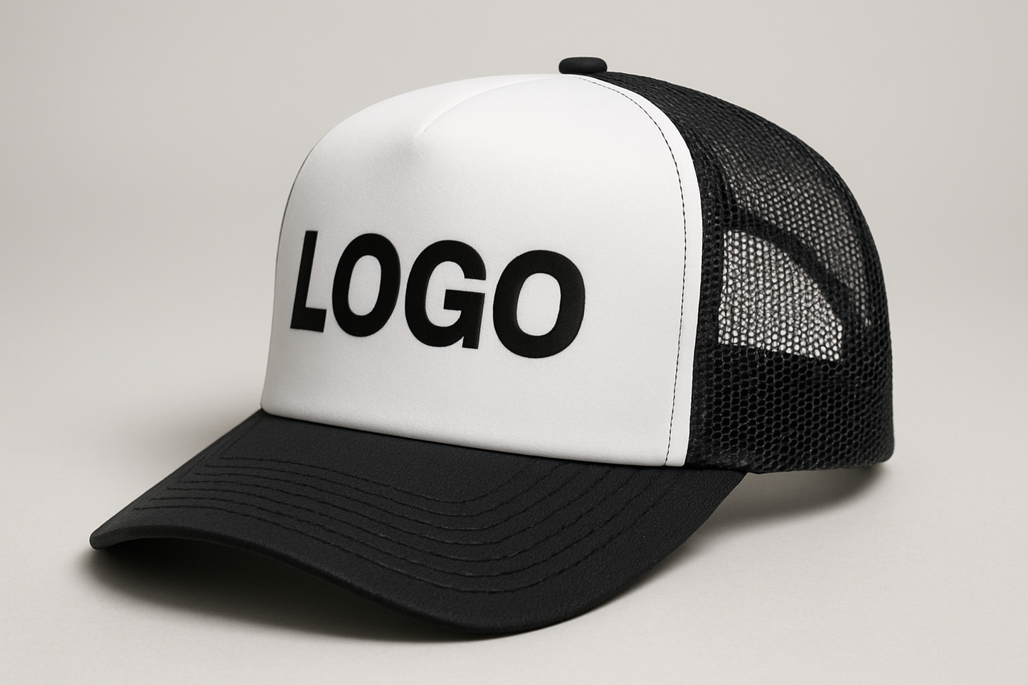 WHITE/BLACK FOAM TRUCKER CAP WITH TEXT LOGO