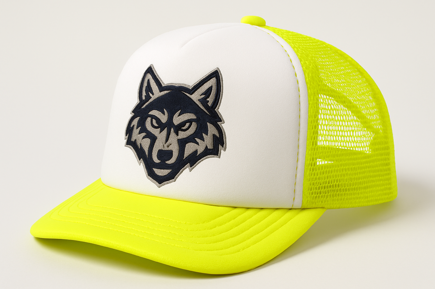 WHITE/NEON YELLOW FOAM TRUCKER HAT WITH WOLF IMAGE LOGO
