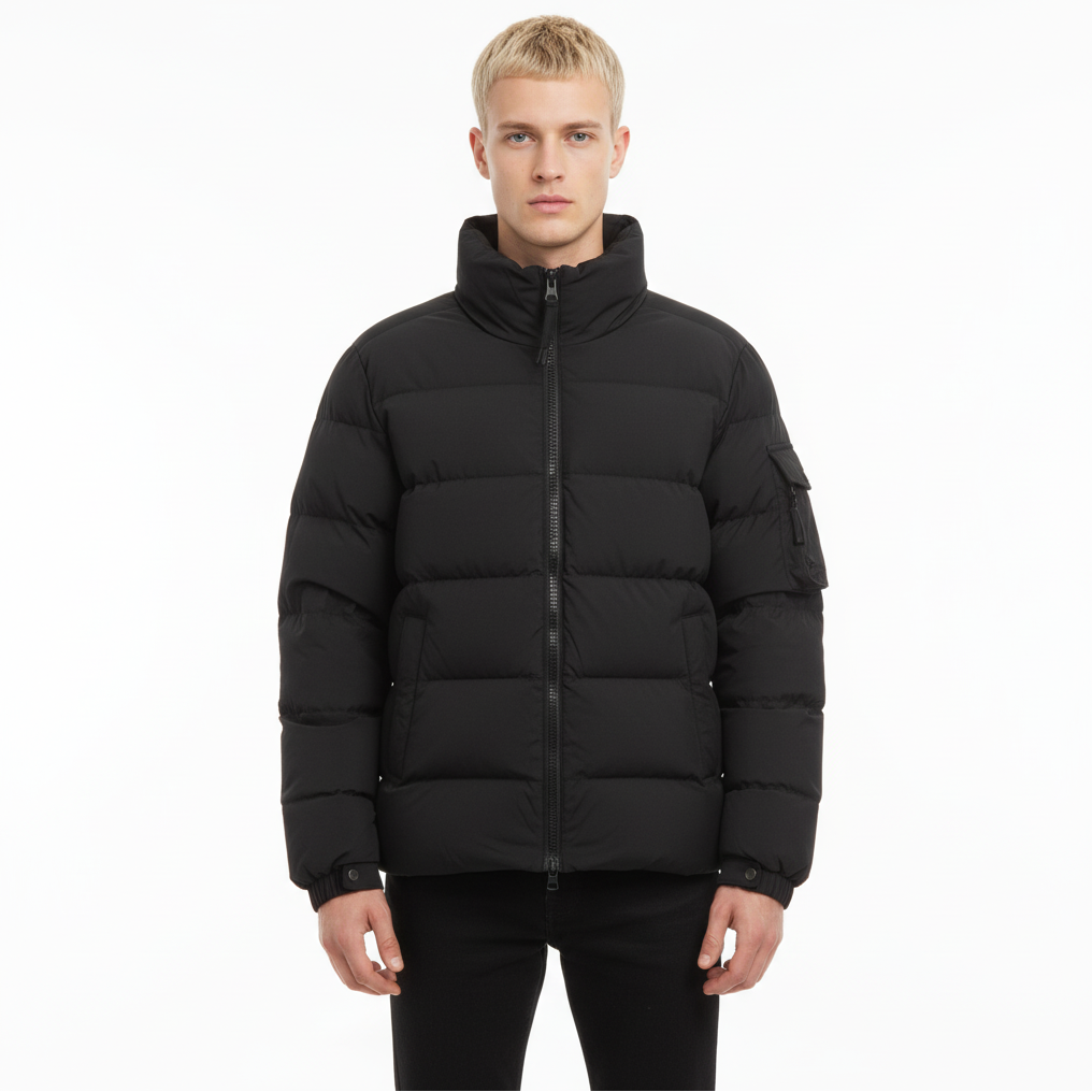 Men’s Black Puffer Jacket – High-Neck Insulated Design