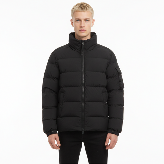Men’s Black Puffer Jacket – High-Neck Insulated Design