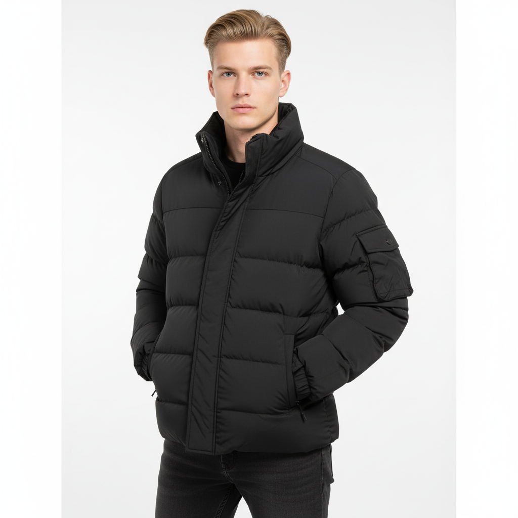 Men’s Black Puffer Jacket – High-Neck Insulated Design