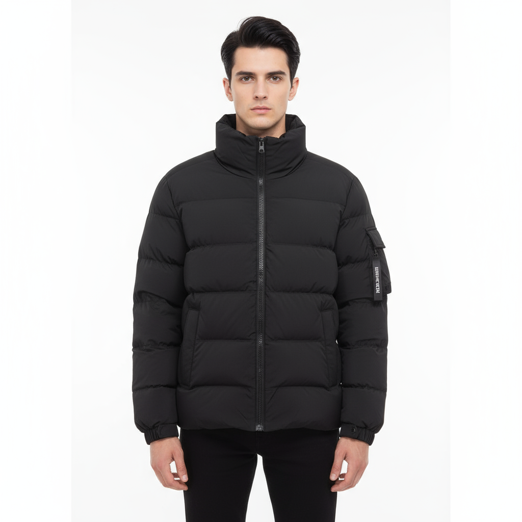 Men’s Black Puffer Jacket – High-Neck Insulated Design