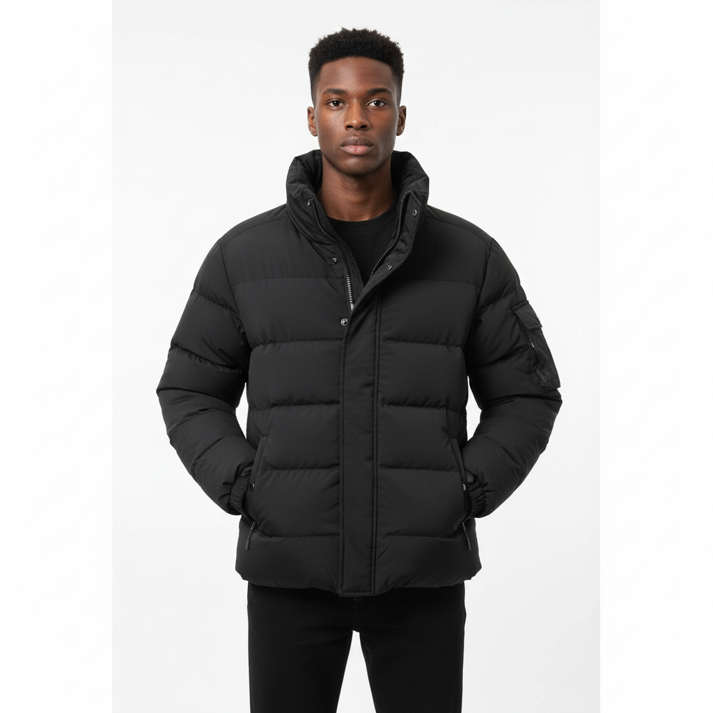 Men’s Black Puffer Jacket – High-Neck Insulated Design