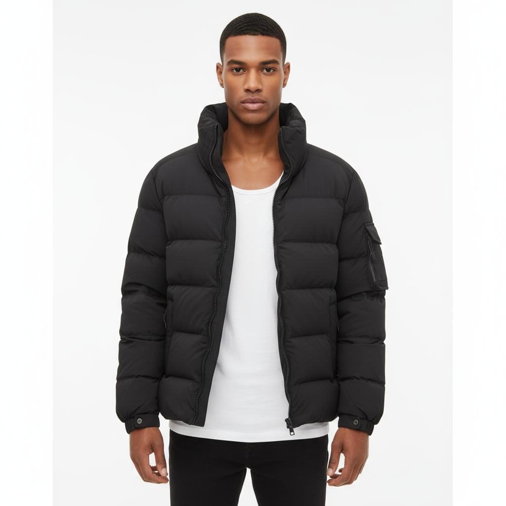 Men’s Black Puffer Jacket – High-Neck Insulated Design