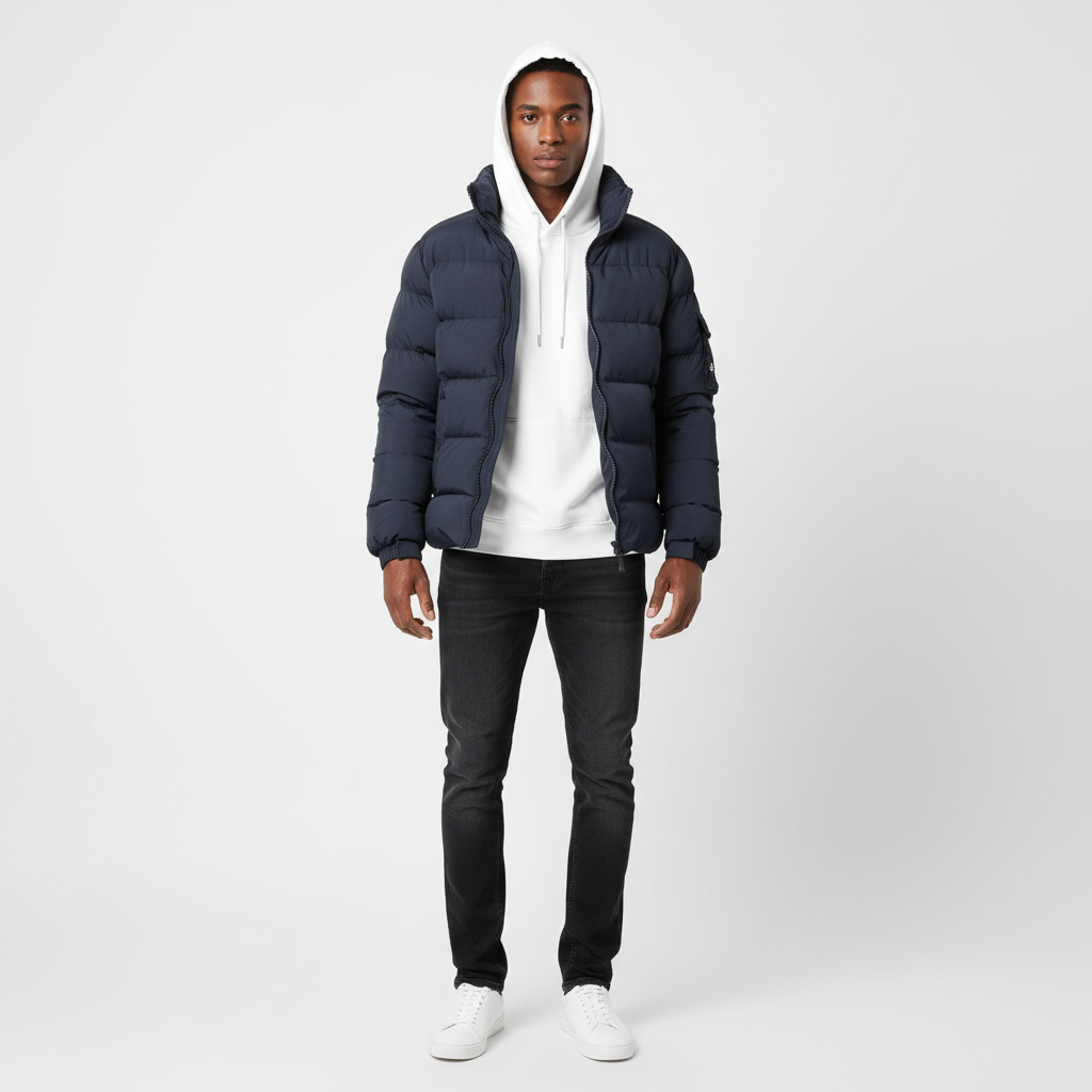 Men’s Black Puffer Jacket – High-Neck Insulated Design