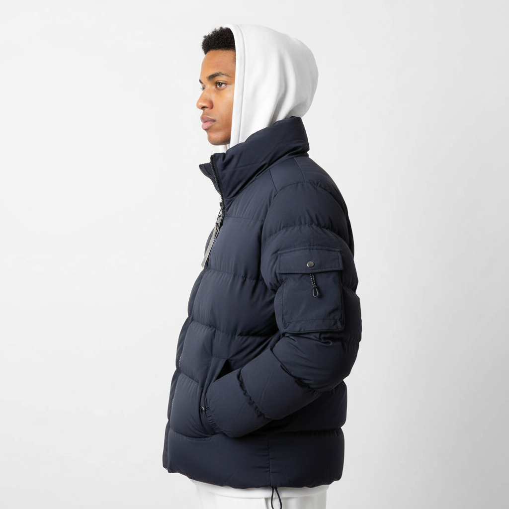 Men’s Black Puffer Jacket – High-Neck Insulated Design
