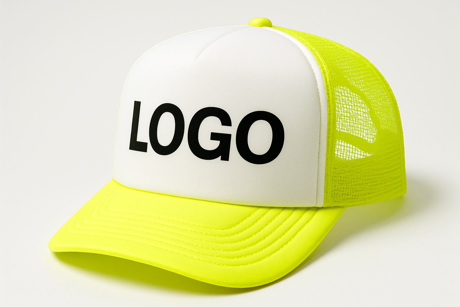 WHITE/NEON YELLOW FOAM TRUCKER HAT WITH TEXT LOGO